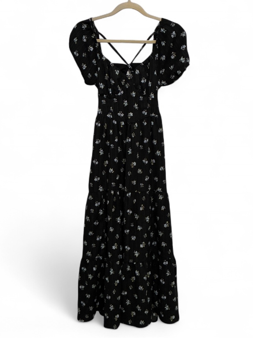 American Eagle Black Floral Puff-Sleeve Maxi Dress